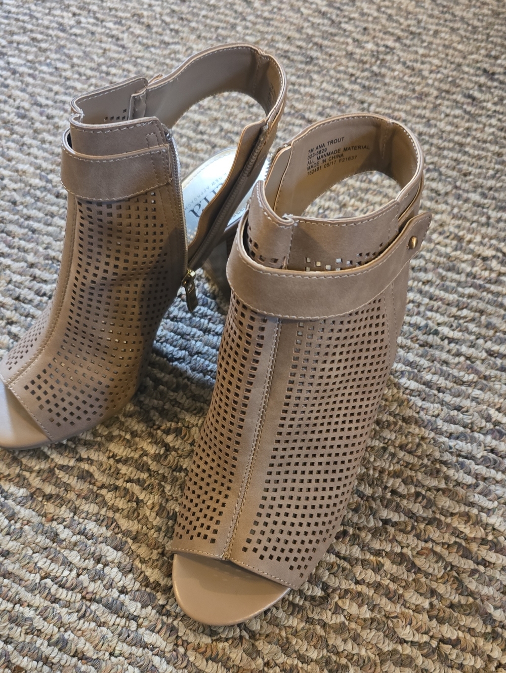 Peep-Toe Perforated Ankle Booties in Taupe